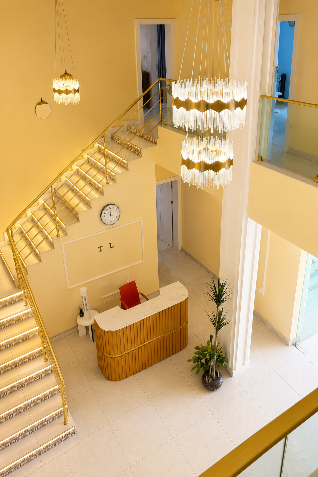 A marble staircase with brass railings and chandeliers above a curved reception desk